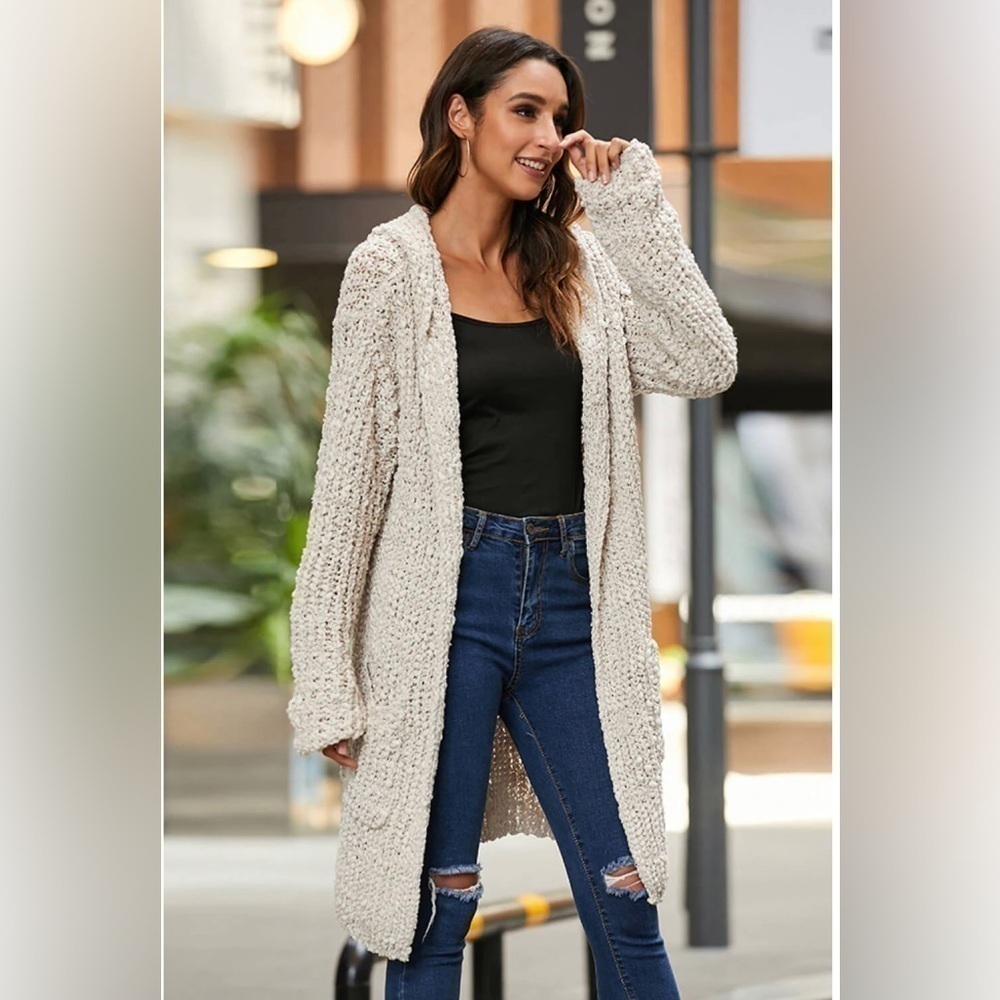 Flex Moda Natural Beige Oversized Popcorn Knit Hooded Cardigan Pockets Open M/L